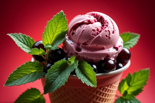 pink black currant ice cream isolated on red background .