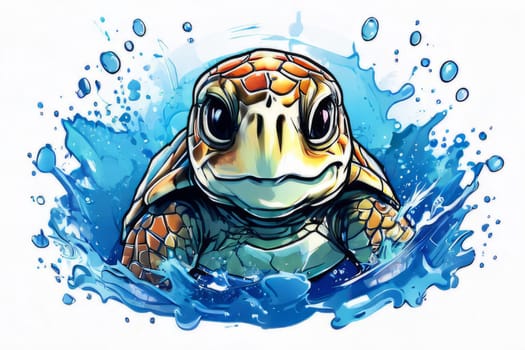 Turtle riding wave on white background. For Tshirt design, posters, postcards, other merchandise with marine theme, childrens books, educational materials for kids, tourism, stationery