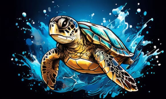 Majestic turtle glides effortlessly through clear blue waters, its shell glistening in sunlight. For educational materials for kids, game design, animated movies, tourism, stationery, Tshirt design