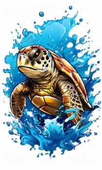 Majestic turtle is seen gliding effortlessly through water, its movements slow, graceful. For Tshirt design, posters, postcards, other merchandise with marine theme, childrens books