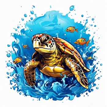 Turtle glides through its aquatic environment, showcasing beauty, tranquility of underwater world. For Tshirt design, posters, postcards, other merchandise with marine theme, childrens books, tourism