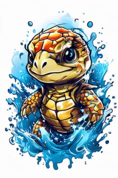 Turtle gracefully swimming in water surrounded by bubbles, showcasing its serene underwater world. For Tshirt design, posters, postcards, other merchandise with marine theme, childrens books