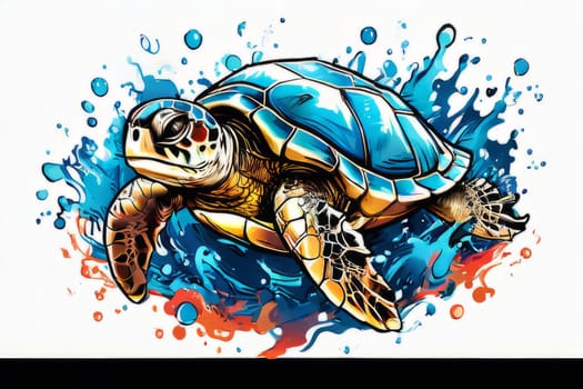 Majestic turtle glides effortlessly through clear blue waters, its shell glistening in sunlight. For educational materials for kids, game design, animated movies, tourism, stationery, Tshirt design