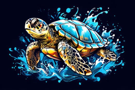 Serene turtle gracefully swimming through water amidst trail of bubbles. For fashion, clothing design, animal themed clothing advertising, as illustration for interesting clothing style, Tshirt design