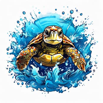 Turtle gracefully swimming in water surrounded by bubbles, showcasing its serene underwater world. For Tshirt design, posters, postcards, other merchandise with marine theme, childrens books