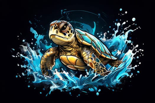 Majestic turtle glides effortlessly through clear blue waters, its shell glistening in sunlight. For educational materials for kids, game design, animated movies, tourism, stationery, Tshirt design