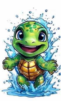 Turtle gracefully swimming in water surrounded by bubbles, showcasing its serene underwater world. For Tshirt design, posters, postcards, other merchandise with marine theme, childrens books