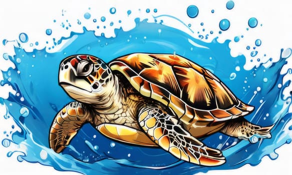 Turtle riding wave on white background. For Tshirt design, posters, postcards, other merchandise with marine theme, childrens books, educational materials for kids, tourism, stationery