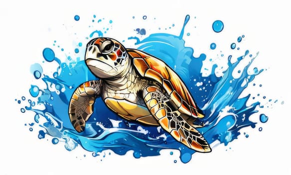 Turtle gracefully swimming in water. For educational materials for kids, game design, animated movies, tourism, stationery, Tshirt design, posters, postcards, childrens books