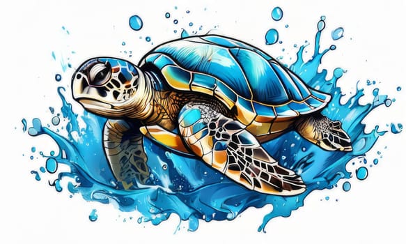 Majestic sea turtle gracefully gliding through crystal-clear waters of ocean. For educational materials for kids, game design, animated movies, tourism, stationery, Tshirt design, clothing design