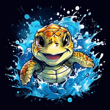 Serene turtle gracefully swimming through water amidst trail of bubbles. For fashion, clothing design, animal themed clothing advertising, as illustration for interesting clothing style, Tshirt design