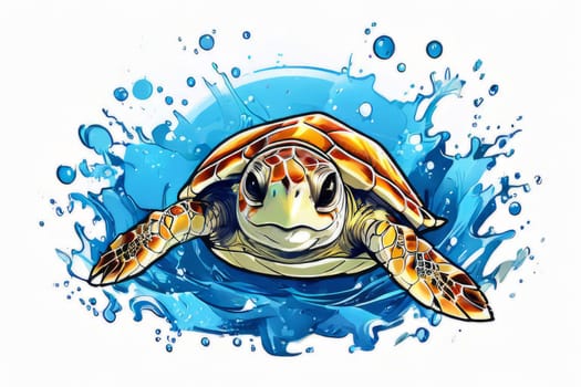 Majestic turtle is seen gliding effortlessly through water, its movements slow, graceful. For Tshirt design, posters, postcards, other merchandise with marine theme, childrens books