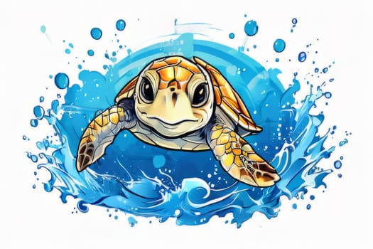 Turtle riding wave on white background. For Tshirt design, posters, postcards, other merchandise with marine theme, childrens books, educational materials for kids, tourism, stationery