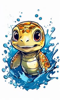 Turtle gracefully swimming in water surrounded by bubbles, showcasing its serene underwater world. For Tshirt design, posters, postcards, other merchandise with marine theme, childrens books