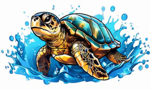 Majestic turtle is seen gliding effortlessly through water, its movements slow, graceful. For Tshirt design, posters, postcards, other merchandise with marine theme, childrens books