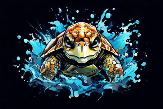 Majestic turtle is seen gliding effortlessly through water, its movements slow, graceful. For Tshirt design, posters, postcards, other merchandise with marine theme, childrens books