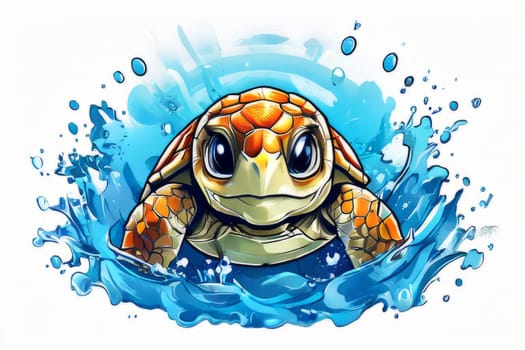 Turtle riding wave on white background. For Tshirt design, posters, postcards, other merchandise with marine theme, childrens books, educational materials for kids, tourism, stationery