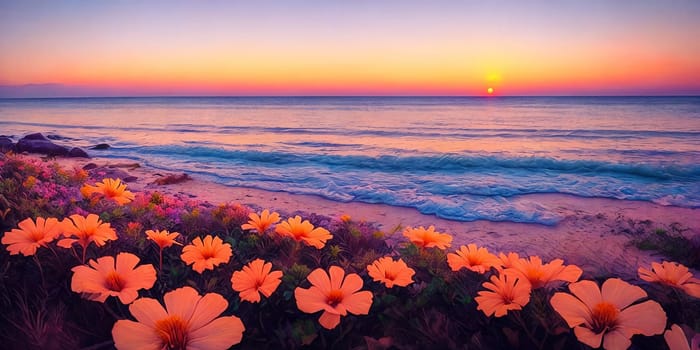 A vibrant flower blooms on the sandy beach, basking in the enchanting glow of the setting sun.