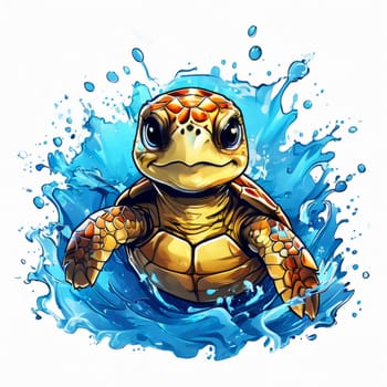 Turtle gracefully swimming in water surrounded by bubbles, showcasing its serene underwater world. For Tshirt design, posters, postcards, other merchandise with marine theme, childrens books