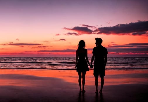 A woman gazes at the ocean from the beach, her silhouette enhanced by the vibrant colors of the sunset sky.