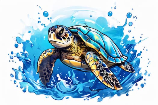 Turtle glides through its aquatic environment, showcasing beauty, tranquility of underwater world. For Tshirt design, posters, postcards, other merchandise with marine theme, childrens books, tourism