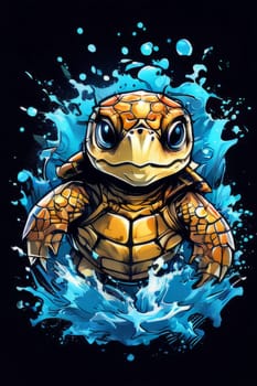 Turtle gracefully swimming in water surrounded by bubbles, showcasing its serene underwater world. For Tshirt design, posters, postcards, other merchandise with marine theme, childrens books