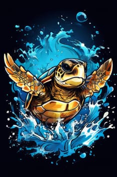 Vibrant sea turtle elegantly maneuvering its way through shimmering azure ocean depths, showcasing beauty, tranquility of marine life in its natural habitat.For fashion, clothing design, Tshirt design