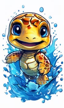 Turtle gracefully swimming in water surrounded by bubbles, showcasing its serene underwater world. For Tshirt design, posters, postcards, other merchandise with marine theme, childrens books