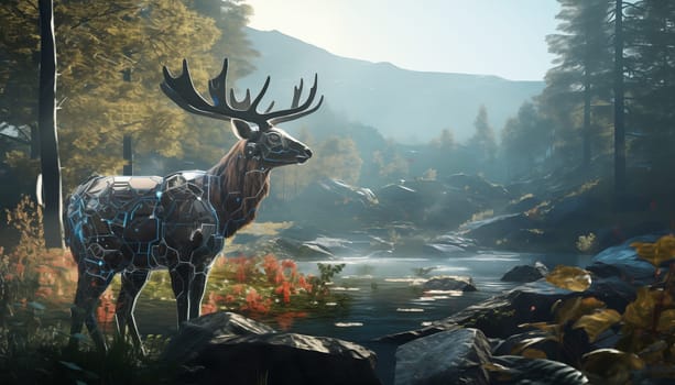 In this captivating image, a serene deer stands in the heart of a lush forest, its gaze filled with tranquility and curiosity.