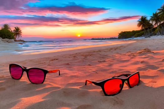 A refreshing glass of vibrant orange juice, beside a ripe orange fruit, on a sandy beach as the sun dips below the horizon in a blaze of warm colors.