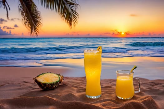 Stylish sunglasses resting on a sandy beach, with a vibrant sunset painting the sky in hues of pink and orange, reflecting in the lenses.