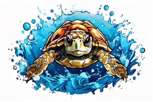 Majestic turtle glides effortlessly through clear blue waters, its shell glistening in sunlight. For educational materials for kids, game design, animated movies, tourism, stationery, Tshirt design