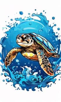 Majestic turtle is seen gliding effortlessly through water, its movements slow, graceful. For Tshirt design, posters, postcards, other merchandise with marine theme, childrens books