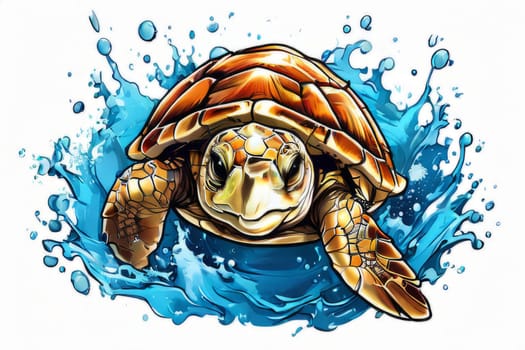 Majestic turtle is seen gliding effortlessly through water, its movements slow, graceful. For Tshirt design, posters, postcards, other merchandise with marine theme, childrens books