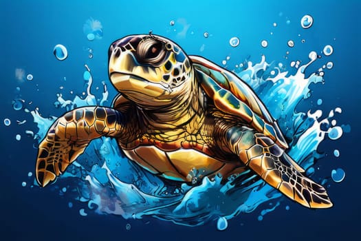 Exquisite image showcasing serene turtle gliding through crystal-clear blue waters of ocean. For fashion, clothing design, animal themed clothing advertising, Tshirt design