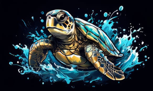 Turtle moves gracefully through water, its movements fluid, effortless. For fashion, clothing design, animal themed clothing advertising, as illustration for interesting clothing style, Tshirt design