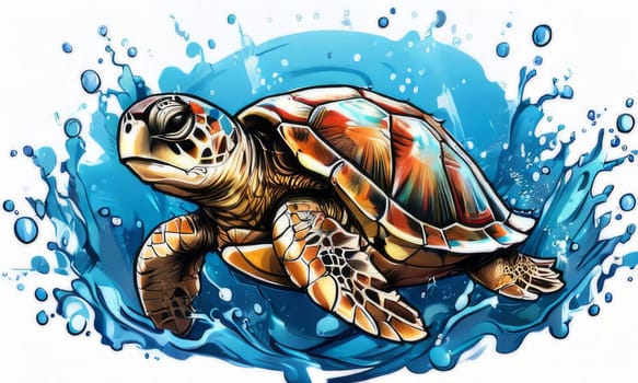 Turtle glides through its aquatic environment, showcasing beauty, tranquility of underwater world. For Tshirt design, posters, postcards, other merchandise with marine theme, childrens books, tourism
