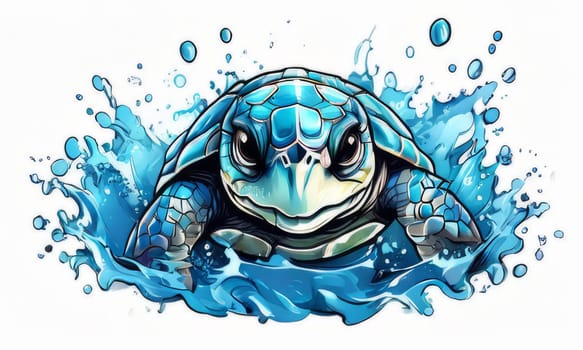 Turtle gracefully swimming in water surrounded by bubbles, showcasing its serene underwater world. For Tshirt design, posters, postcards, other merchandise with marine theme, childrens books