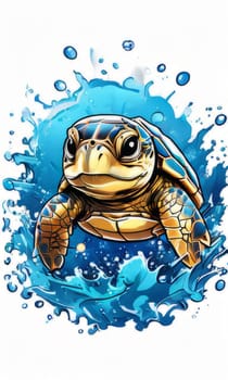 Turtle riding wave on white background. For Tshirt design, posters, postcards, other merchandise with marine theme, childrens books, educational materials for kids, tourism, stationery
