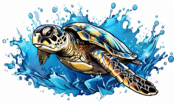 Turtle glides through its aquatic environment, showcasing beauty, tranquility of underwater world. For Tshirt design, posters, postcards, other merchandise with marine theme, childrens books, tourism
