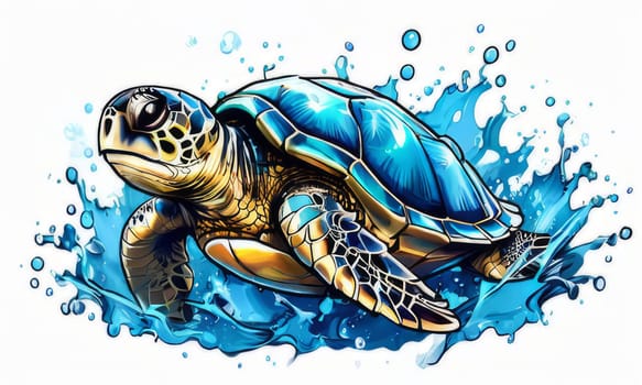 Turtle gracefully swimming in water surrounded by bubbles, showcasing its serene underwater world. For Tshirt design, posters, postcards, other merchandise with marine theme, childrens books