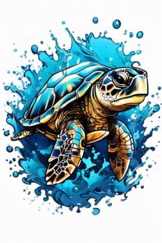 Serene turtle gracefully swimming through water amidst trail of bubbles. For fashion, clothing design, animal themed clothing advertising, as illustration for interesting clothing style, Tshirt design