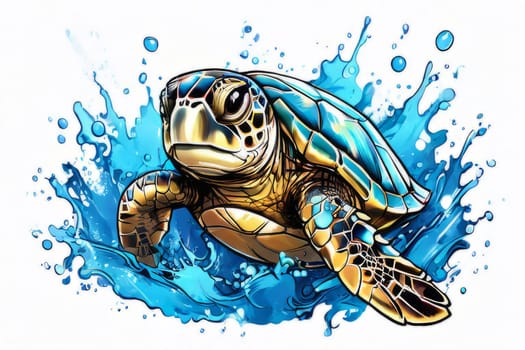 Vibrant sea turtle elegantly maneuvering its way through shimmering azure ocean depths, showcasing beauty, tranquility of marine life in its natural habitat.For fashion, clothing design, Tshirt design