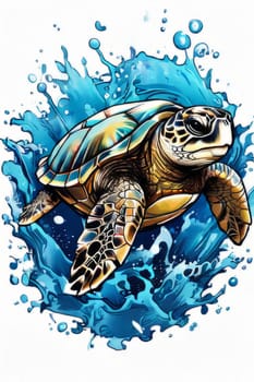 Turtle gracefully swimming in water surrounded by bubbles, showcasing its serene underwater world. For Tshirt design, posters, postcards, other merchandise with marine theme, childrens books