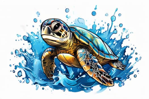 Majestic turtle is seen gliding effortlessly through water, its movements slow, graceful. For Tshirt design, posters, postcards, other merchandise with marine theme, childrens books