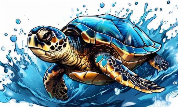 Turtle gracefully swimming in water. For educational materials for kids, game design, animated movies, tourism, stationery, Tshirt design, posters, postcards, childrens books