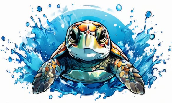 Turtle glides through its aquatic environment, showcasing beauty, tranquility of underwater world. For Tshirt design, posters, postcards, other merchandise with marine theme, childrens books, tourism