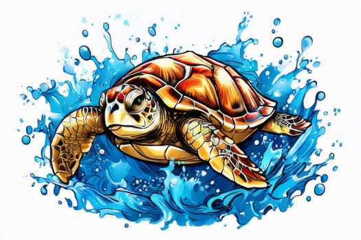Vibrant sea turtle elegantly maneuvering its way through shimmering azure ocean depths, showcasing beauty, tranquility of marine life in its natural habitat.For fashion, clothing design, Tshirt design
