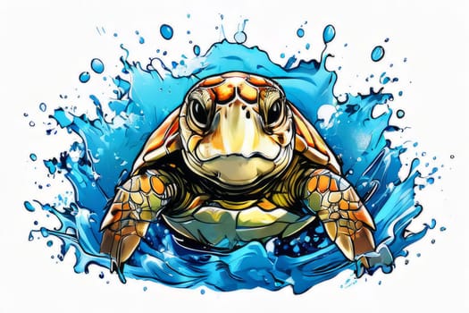 Turtle gracefully swimming in water surrounded by bubbles, showcasing its serene underwater world. For Tshirt design, posters, postcards, other merchandise with marine theme, childrens books