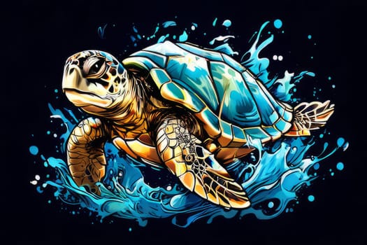 Serene turtle gracefully swimming through water amidst trail of bubbles. For fashion, clothing design, animal themed clothing advertising, as illustration for interesting clothing style, Tshirt design